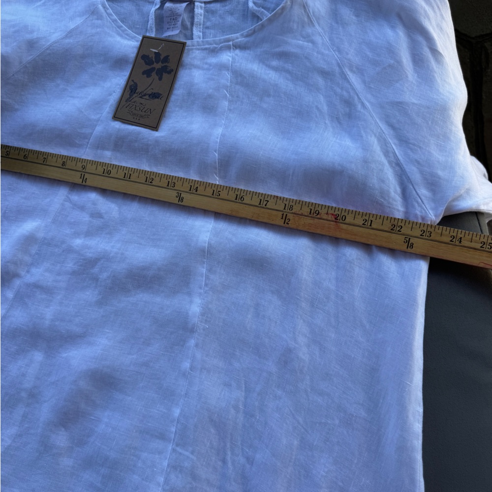 Match Point La Fixsun 100% Linen White Ruffle Hem Tunic Top L Lagenlook Made USA - Picture 9 of 11